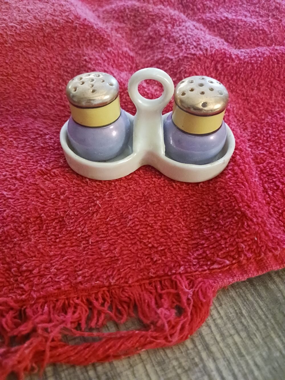Lavender Ceramic Salt and Pepper Set with White Double Caddy